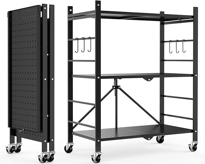 Himix Storage Shelves with 6 Hooks, 3-Tier Foldable Shelf