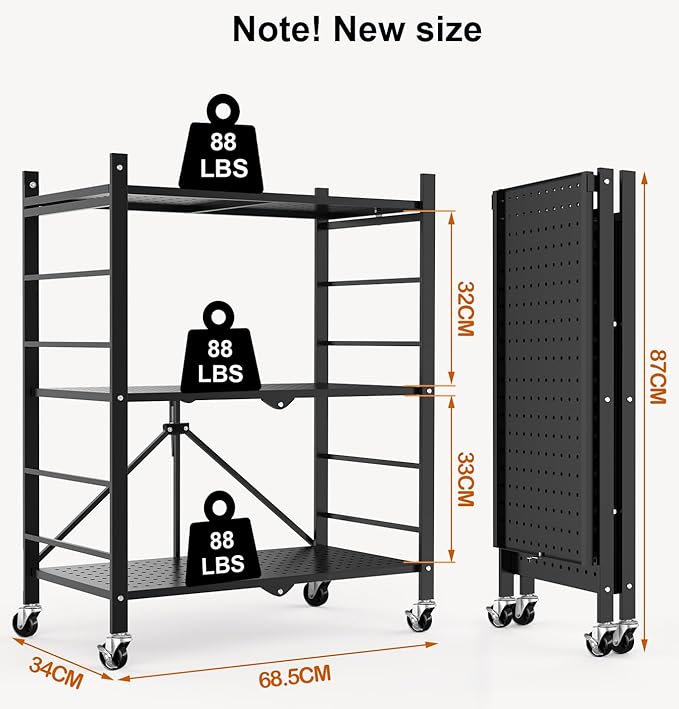 Himix Storage Shelves with 6 Hooks, 3-Tier Foldable Shelf