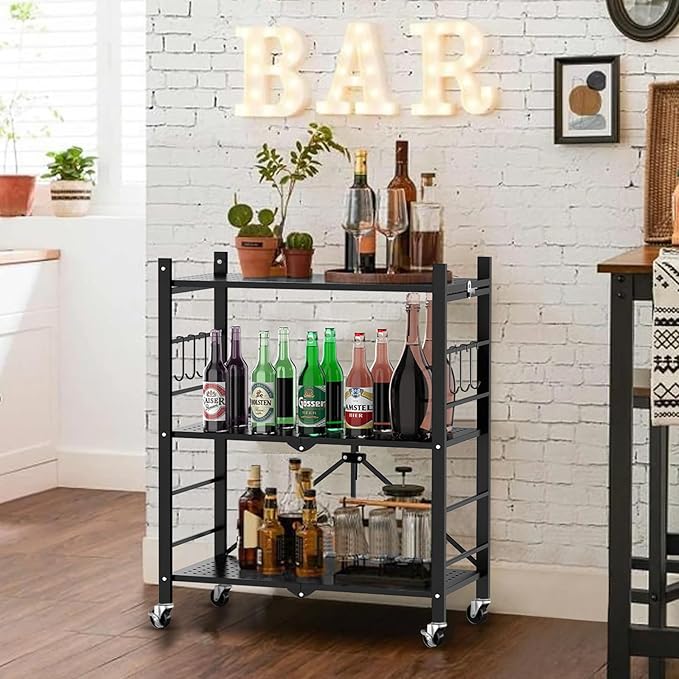 Himix Storage Shelves with 6 Hooks, 3-Tier Foldable Shelf